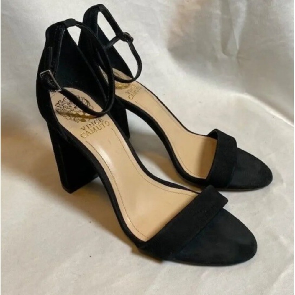 Vince Camuto Malissa Black Suede Block Heel Ankle Strap Sandals Womens 10M